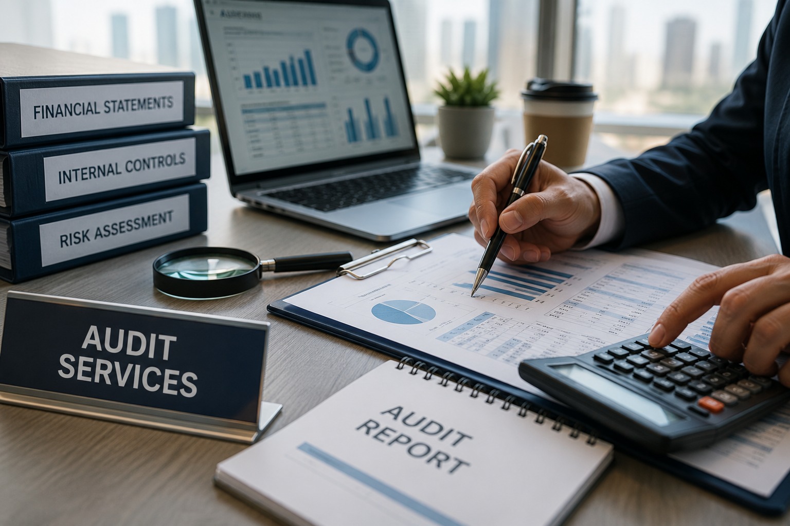 Audit specialists reviewing financial reports during a business meeting